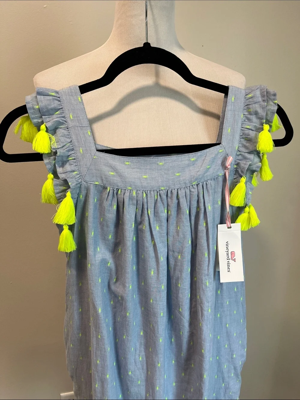 Vineyard Vines Girls’ Blue Chambray Dress with Neon Tassels Retail $69.50